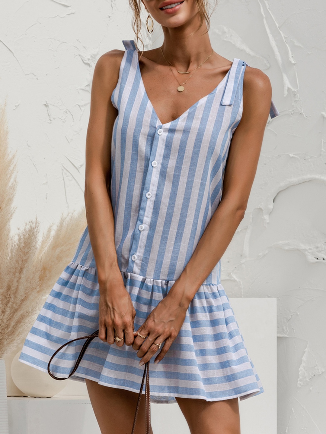 

URBANIC Blue & White Striped Gathered Drop-Waist Dress