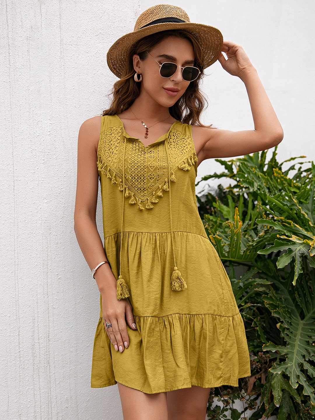 

URBANIC Mustard Yellow Ethnic Motifs Yoke Embroidered Tiered Mini Fit & Flare Dress