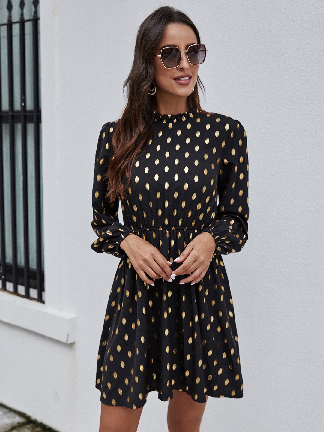 

URBANIC Black & Golden Polka Dots Print Gathered A-Line Dress