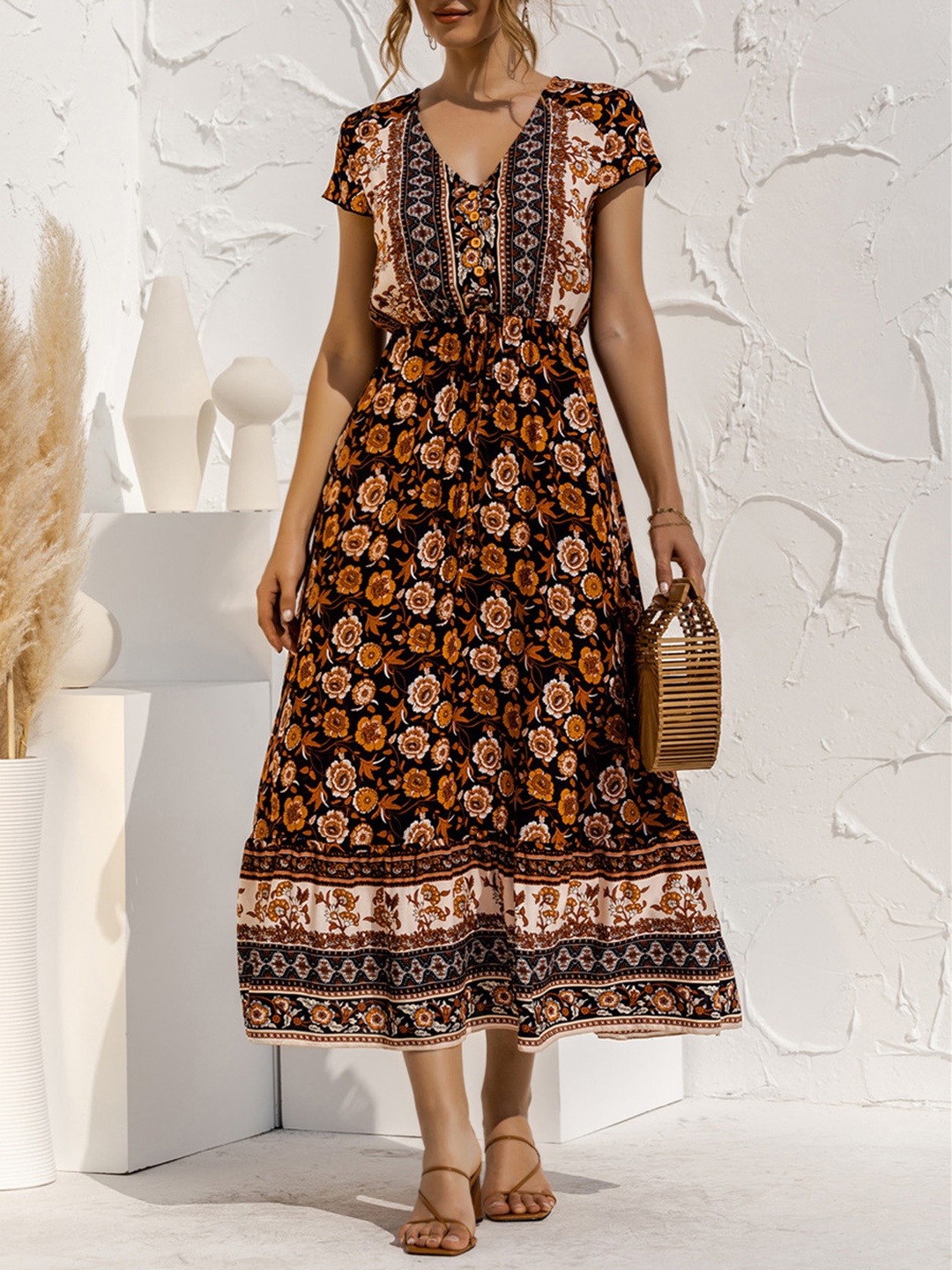 

URBANIC Black & Mustard Yellow Floral Print Maxi Dress