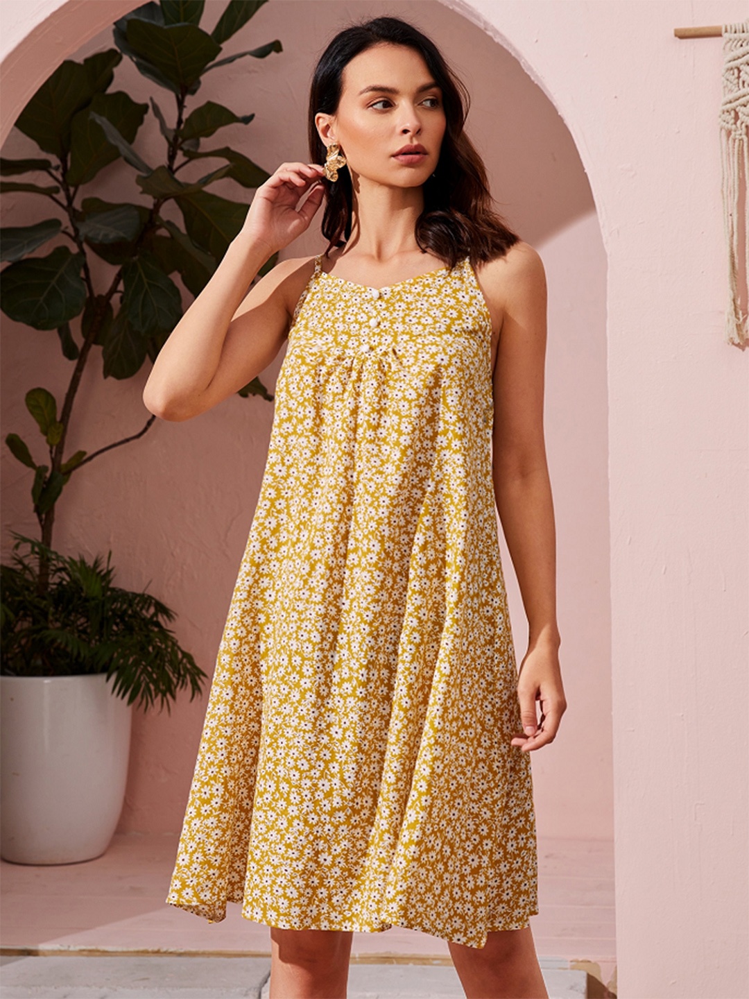 

URBANIC Mustard Yellow & White Floral Print A-Line Dress