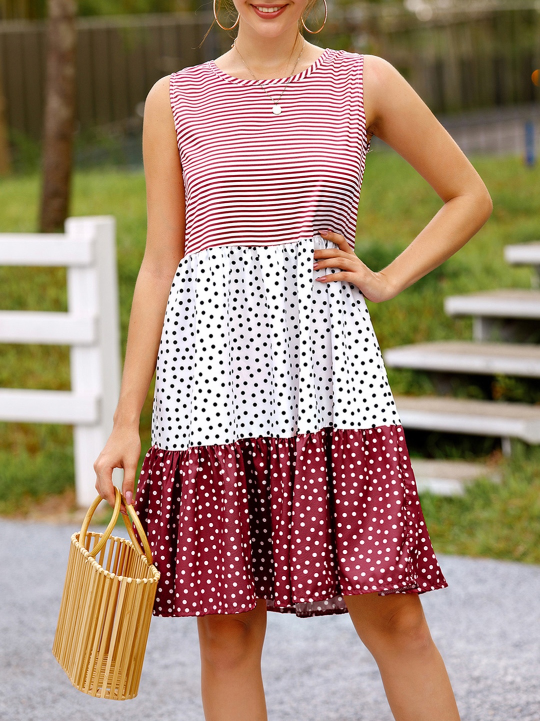 

URBANIC Women White & Maroon Polka Dots Printed & Striped Tiered A-Line Dress