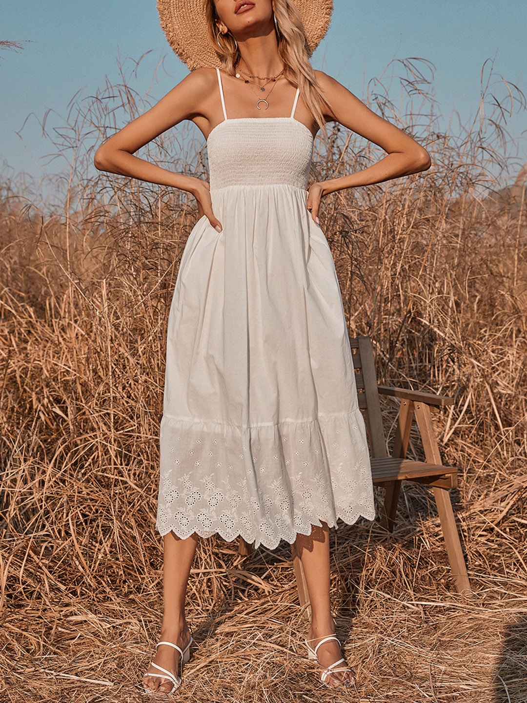 

URBANIC White Cotton A-Line Tiered Midi Dress