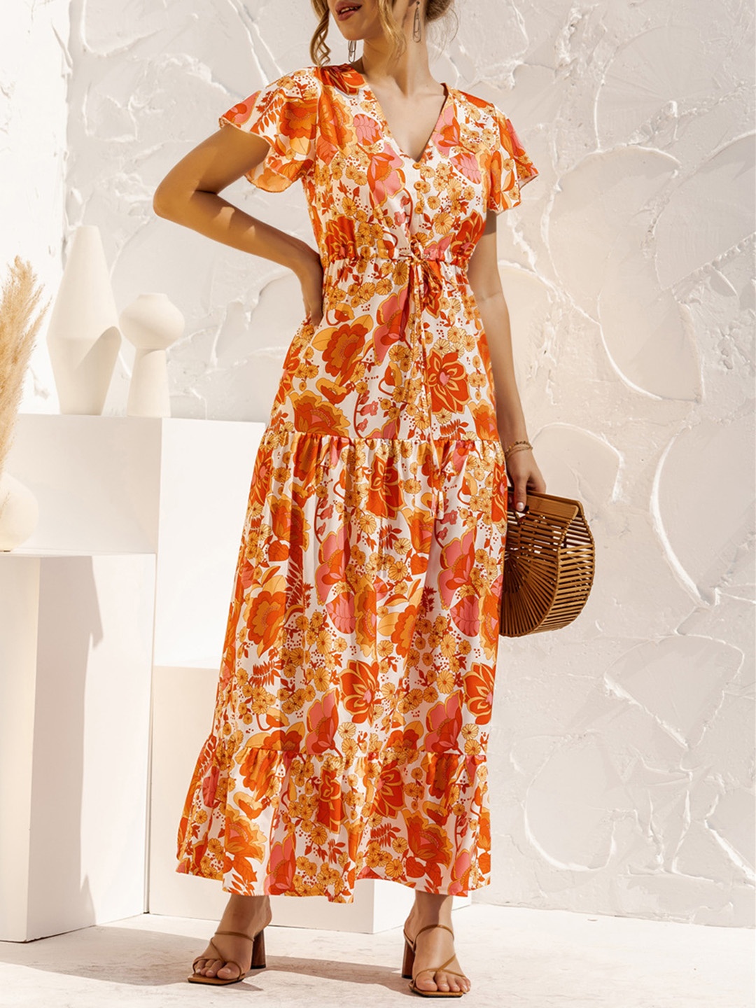 

URBANIC Orange & White Floral Tiered A-Line Maxi Dress