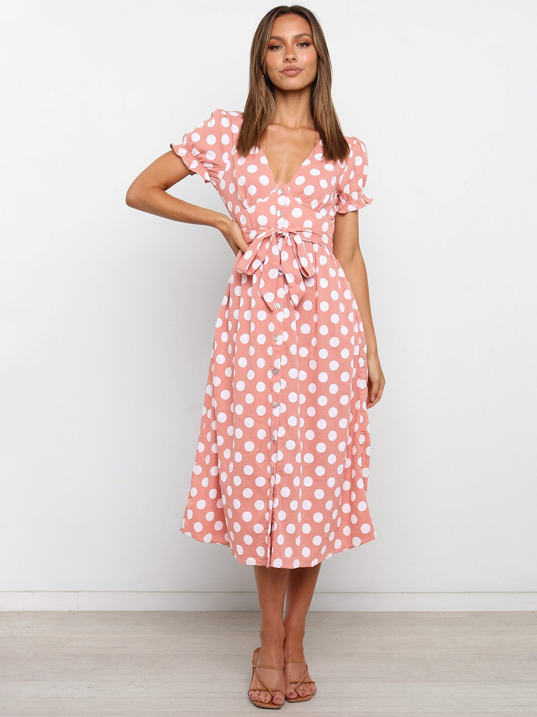 

URBANIC Rose & White Polka Dots A-Line Midi Dress & Belt