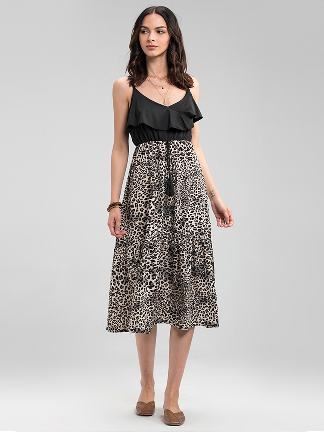 

URBANIC Black & Off White Ruffled Animal Wrap Dress