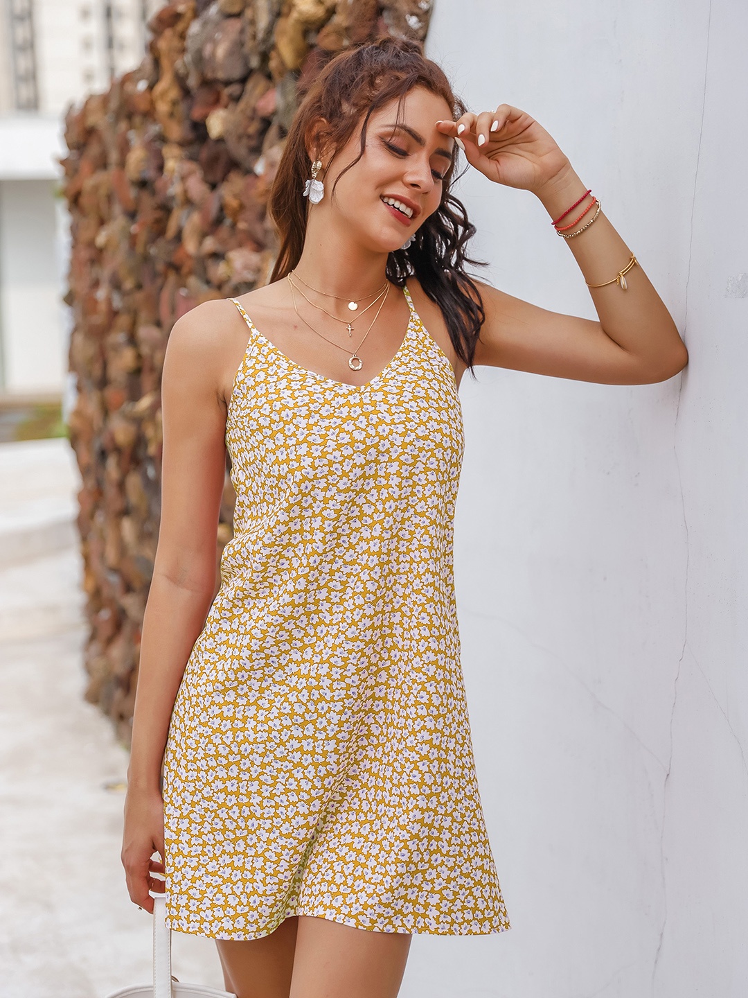 

URBANIC Yellow & White Floral Print A-Line Mini Dress