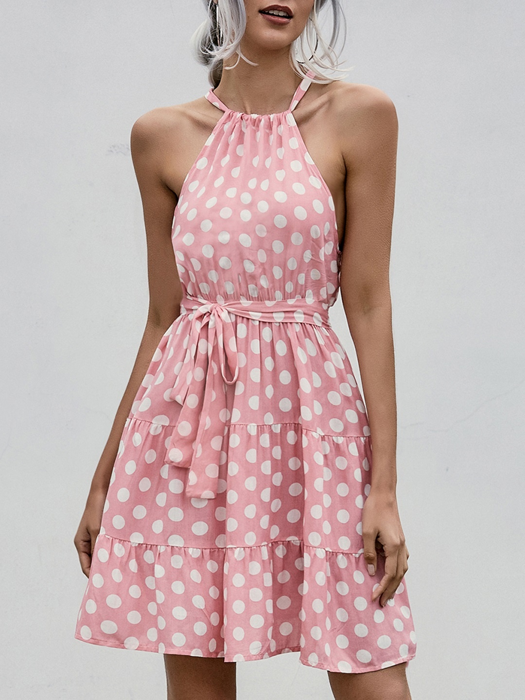 

URBANIC Pink & White Polka Dots Print Tiered Fit & Flare Dress with Belt