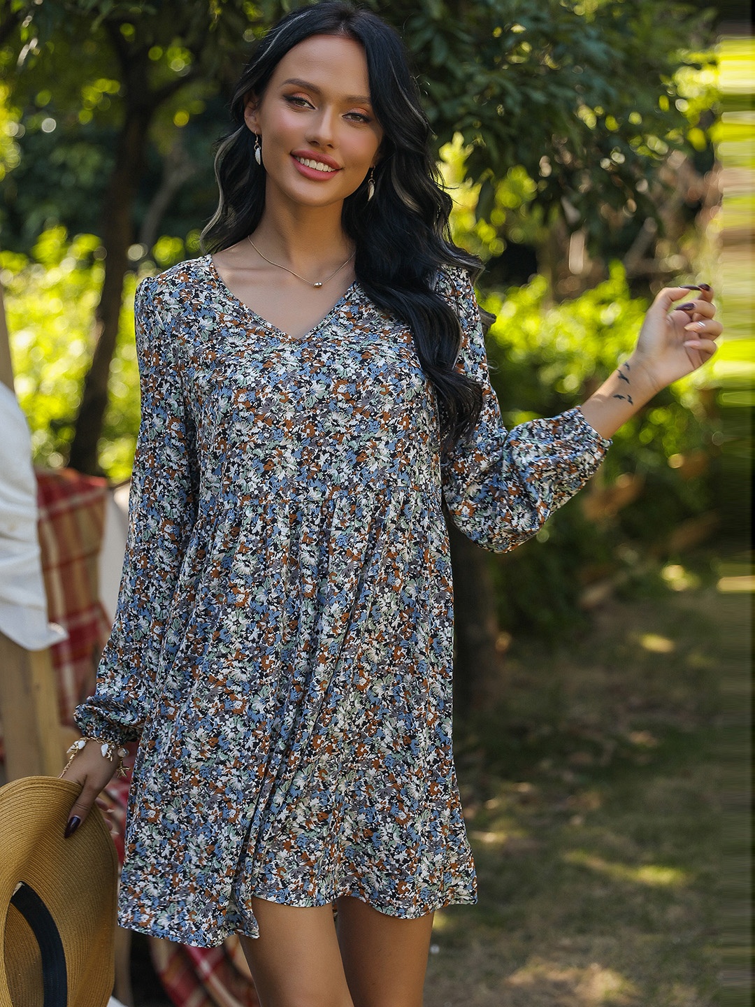 

URBANIC Women Blue & Brown Floral Print A-Line Dress