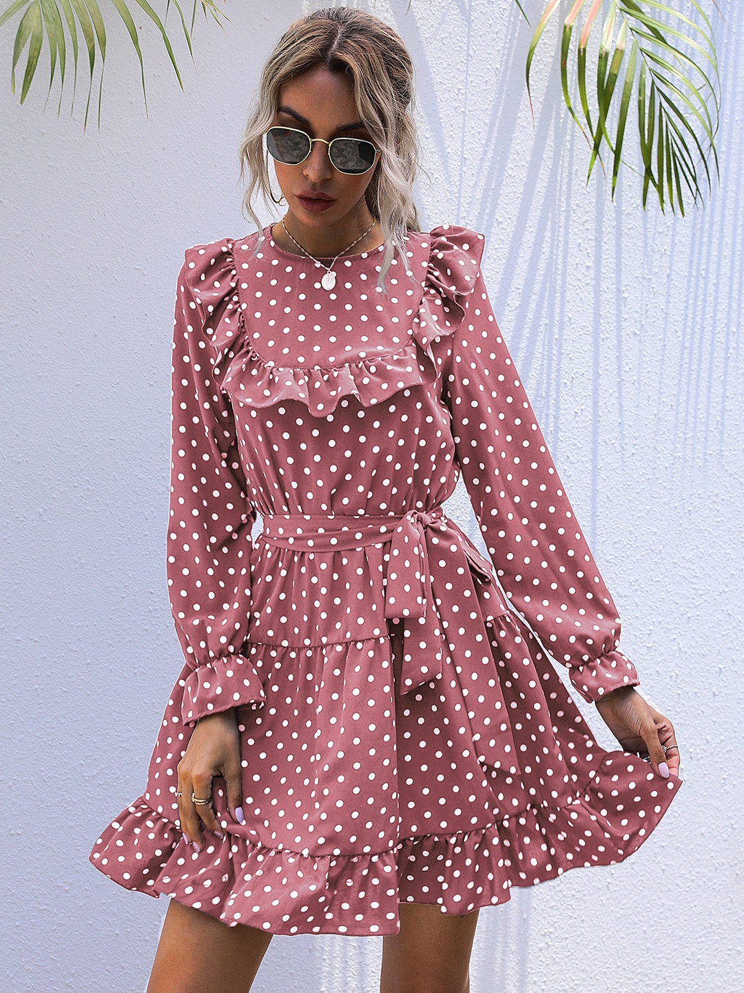 

URBANIC Peach-Coloured & White Polka Dot Print Tiered Mini Fit & Flare Dress with Belt