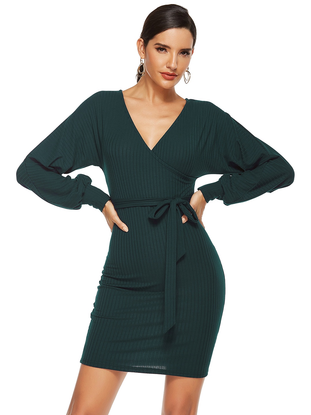 

URBANIC Women Olive Green Self-Striped Belted Bodycon Dress