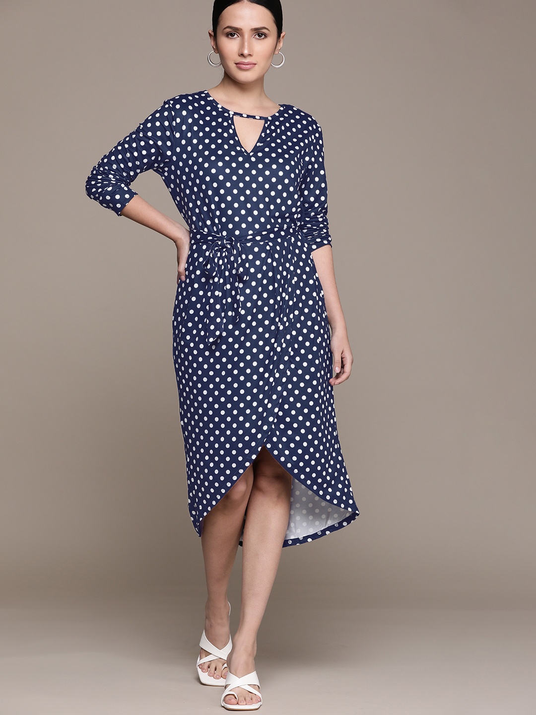 

URBANIC Women Navy Blue & White Keyhole Neck Wrap Dress
