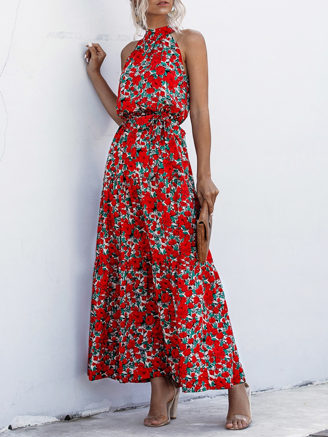 

URBANIC Women Red & Green Floral Print Belted A-Line Maxi Dress