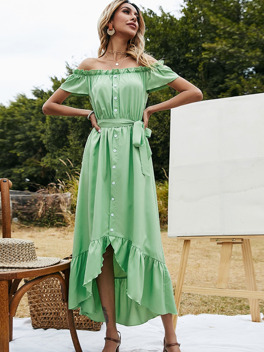 

URBANIC Women Green Solid Off-Shoulder Belted A-Line Midi Dress