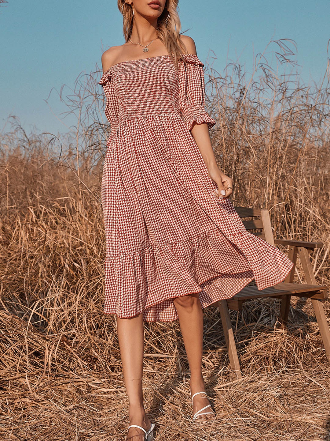 

URBANIC Women Red & White Abstract Off-Shoulder Puff Sleeves Smocked A-Line Dress