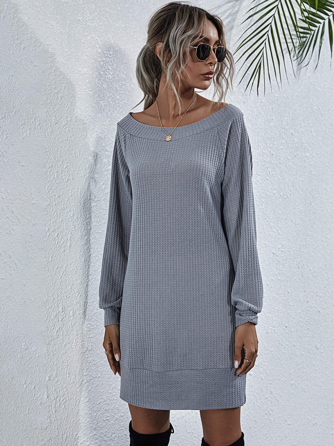 

URBANIC Women Grey Self-Design Off-Shoulder Puff Sleeves T-shirt Dress