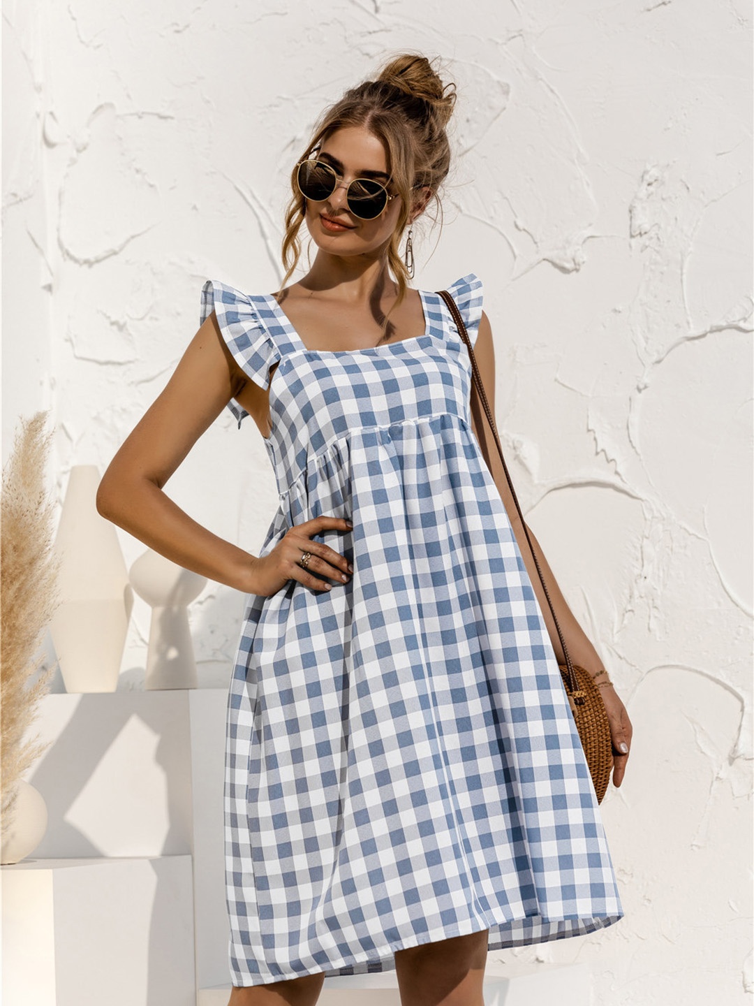 

URBANIC Blue & White Checked Empire Dress