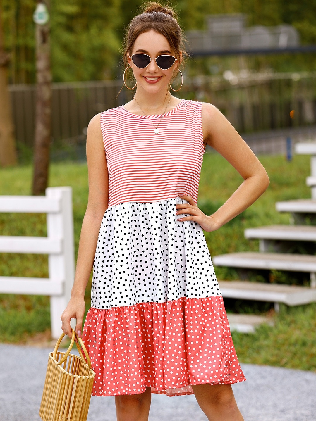 

URBANIC Pink & White Polka Dot Print Tiered A-Line Dress
