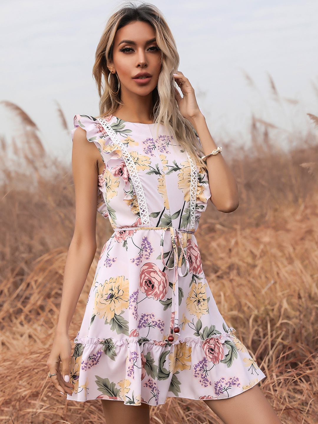 

URBANIC Women Lavender & Yellow Floral Fit & Flare Dress with Ruffles