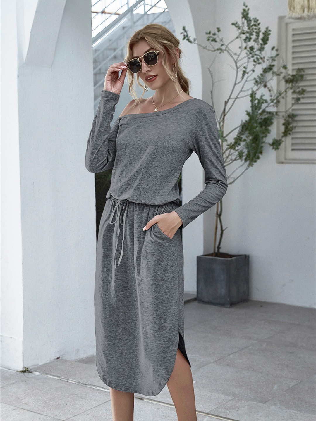 

URBANIC Charcoal Grey Solid One Shoulder A-Line Midi Dress