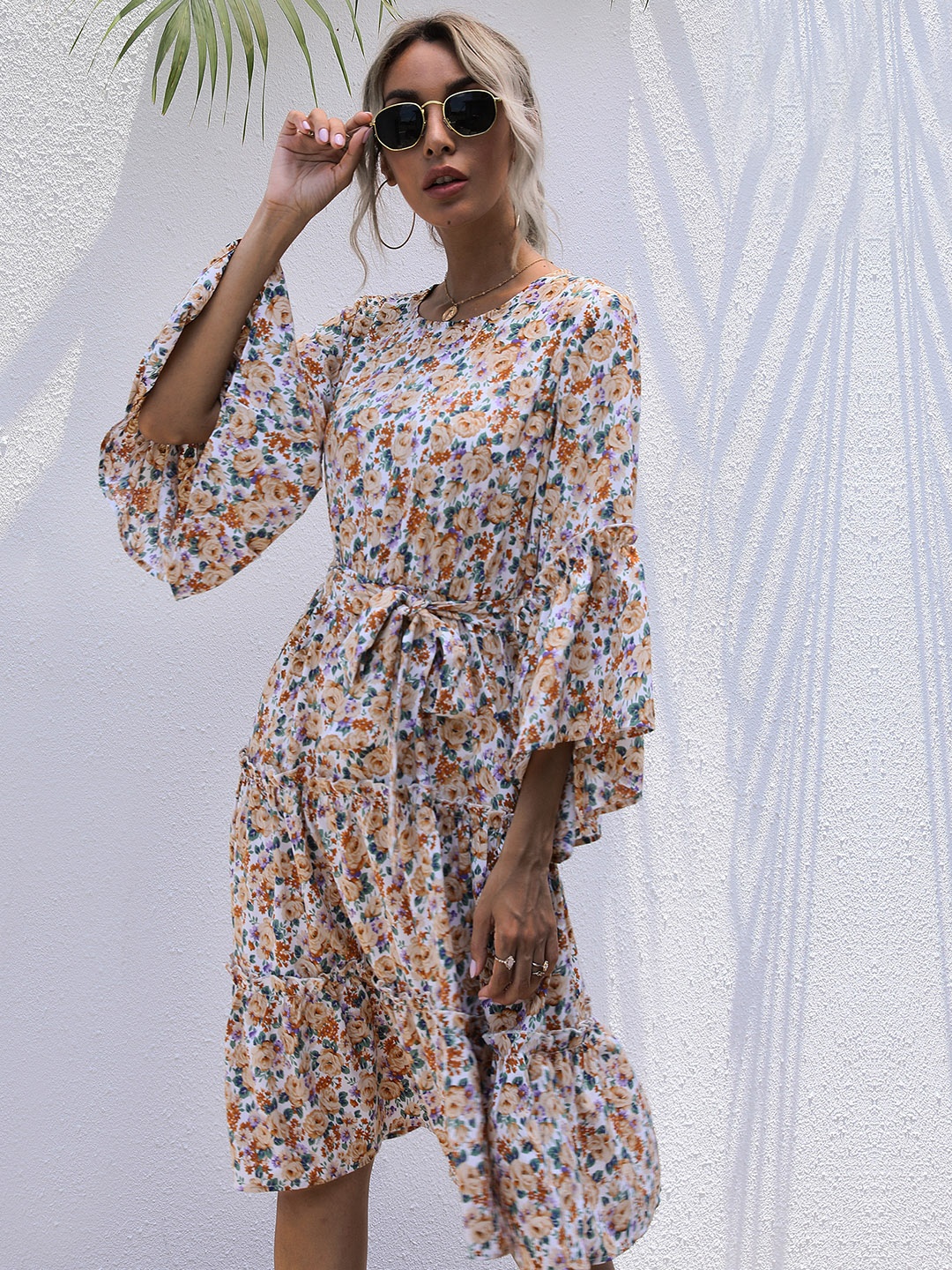 

URBANIC White & Yellow Floral A-Line Dress