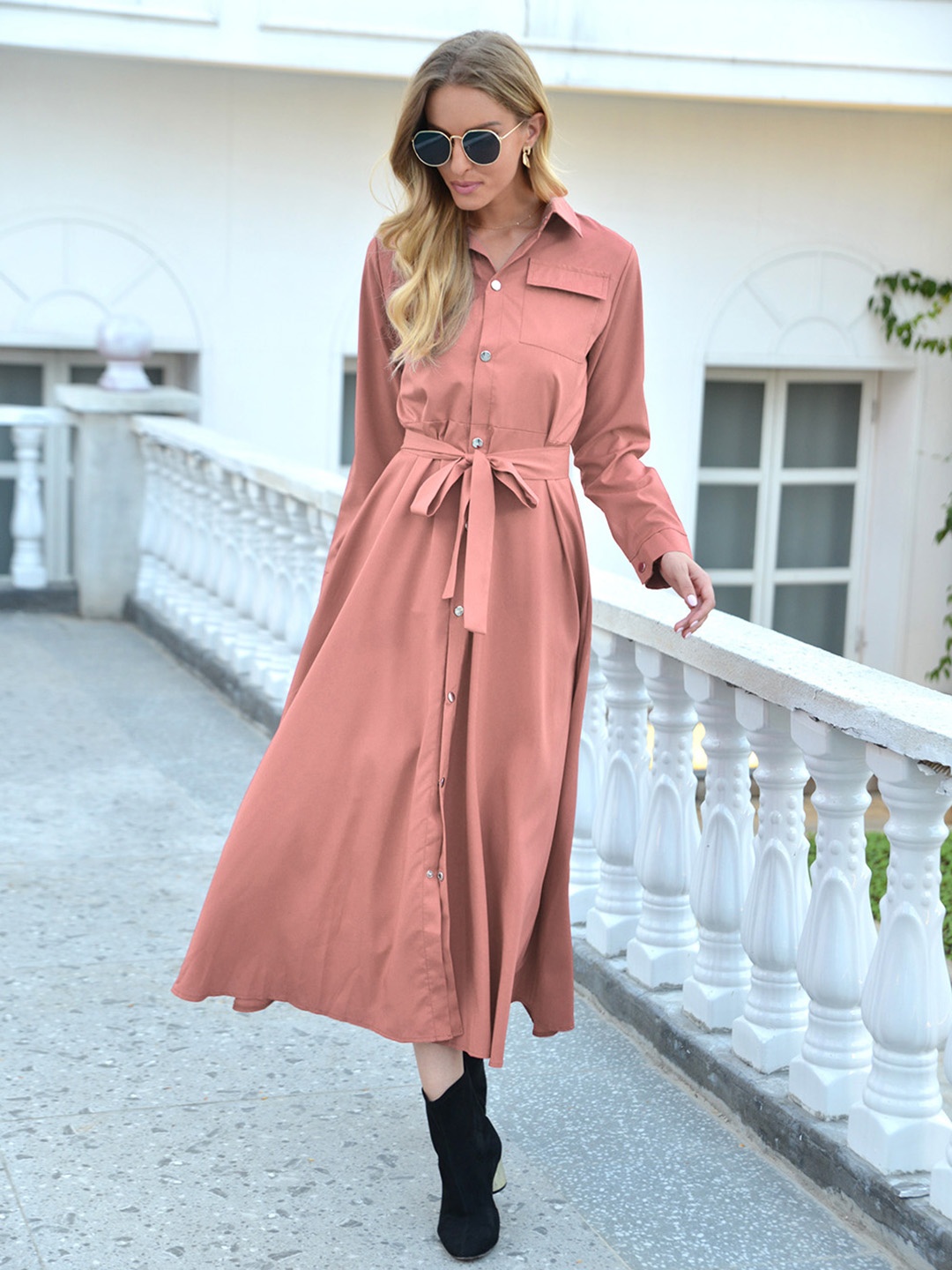 

URBANIC Pink Midi Belted Shirt Dress