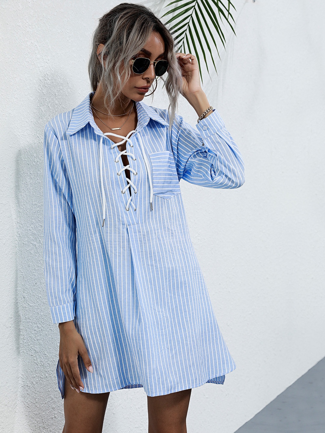 

URBANIC Blue & White Striped Shirt Dress