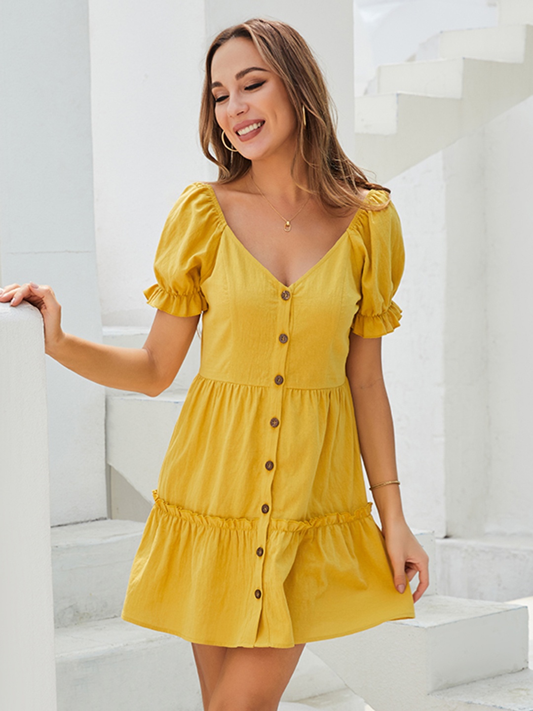 

URBANIC Mustard Yellow Solid Tiered & Ruffled Cotton Mini Fit & Flare Dress