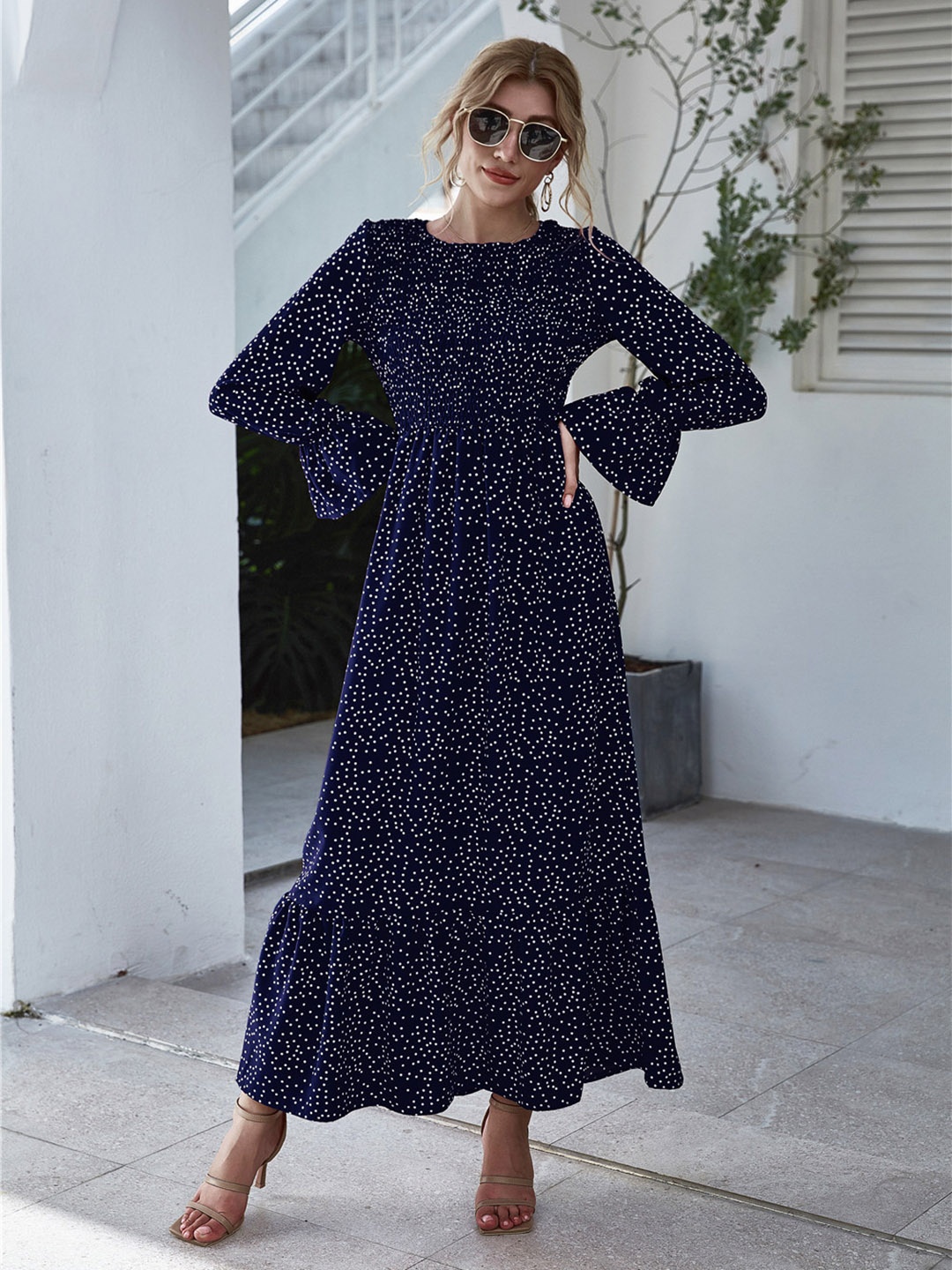 

URBANIC Navy Blue & White Polka Dot Print A-Line Midi Dress