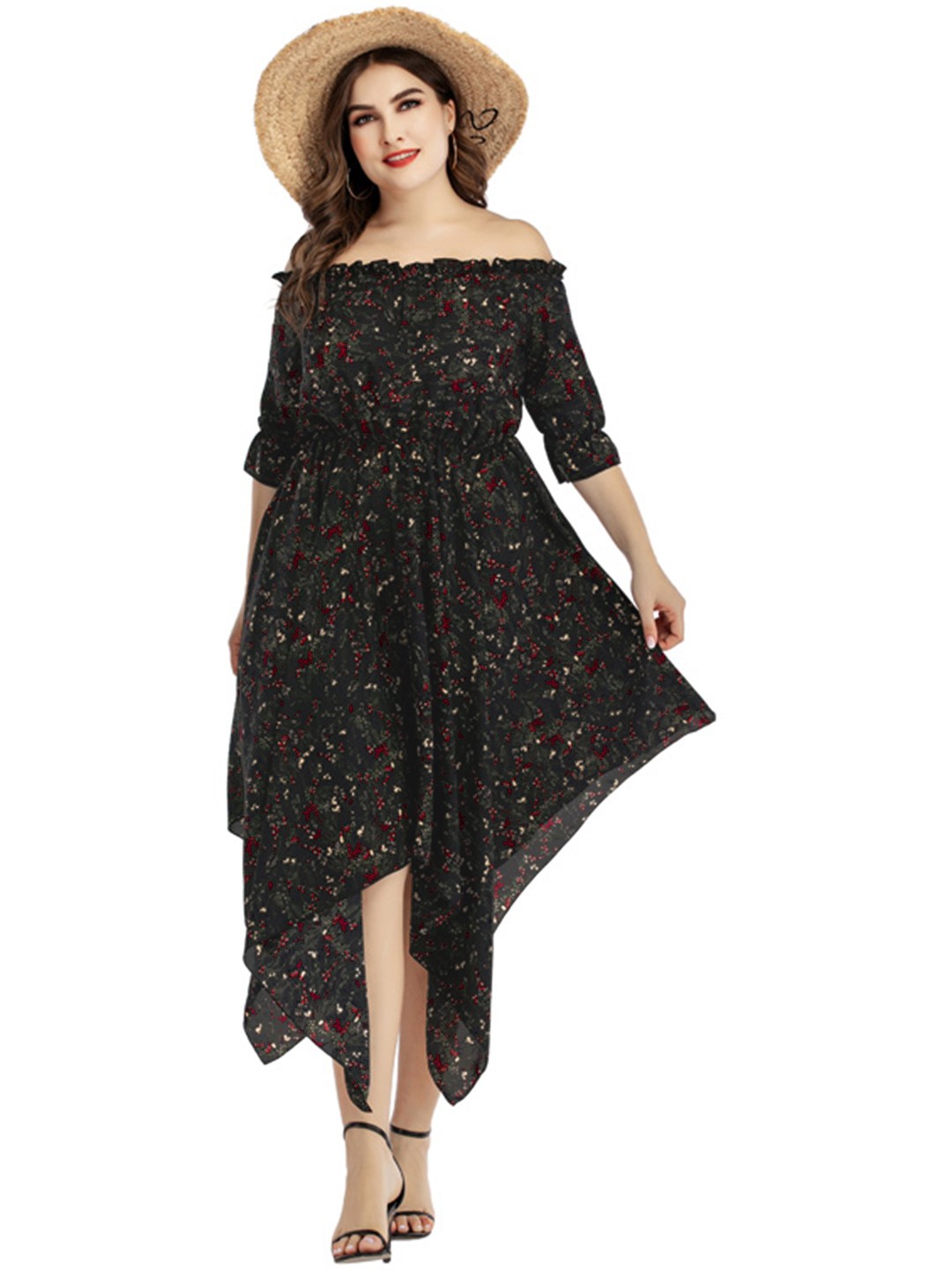 

URBANIC Black & Red Floral Off-Shoulder A-Line Dress