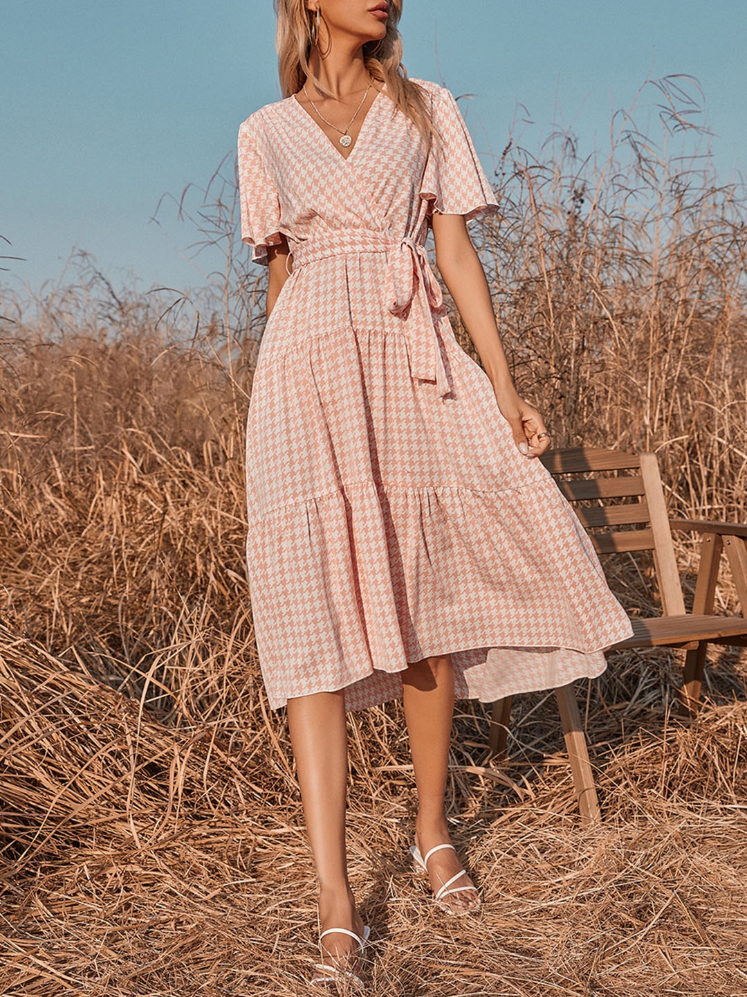 

URBANIC Pink & Off White Checked A-Line Dress