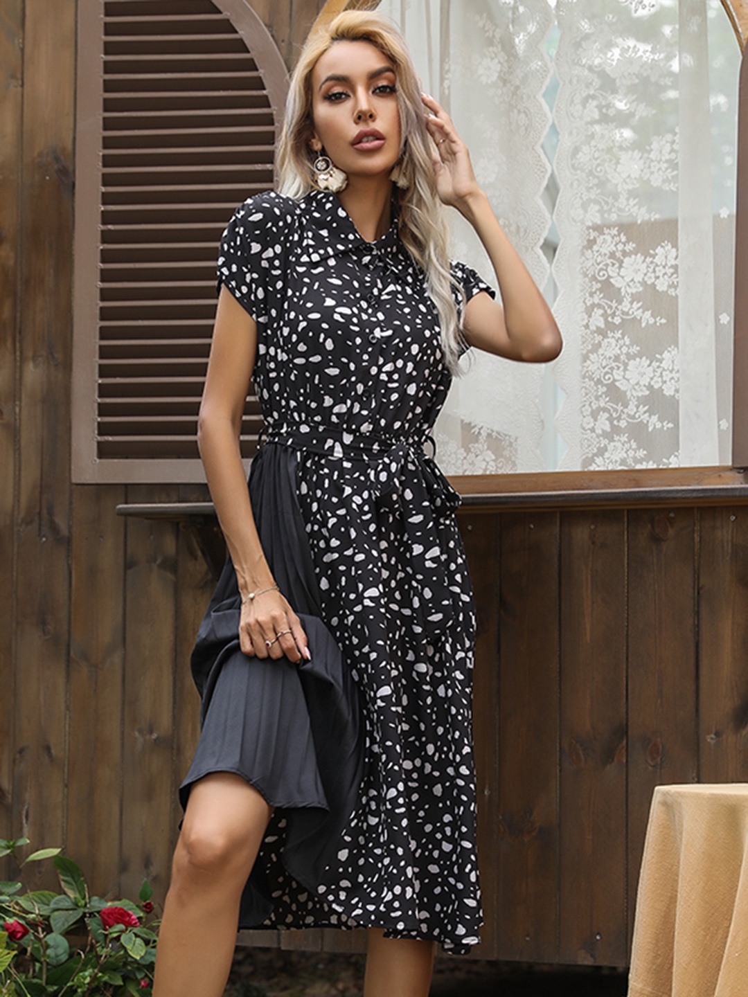 

URBANIC Black & White Polka Dot Print Shirt Dress