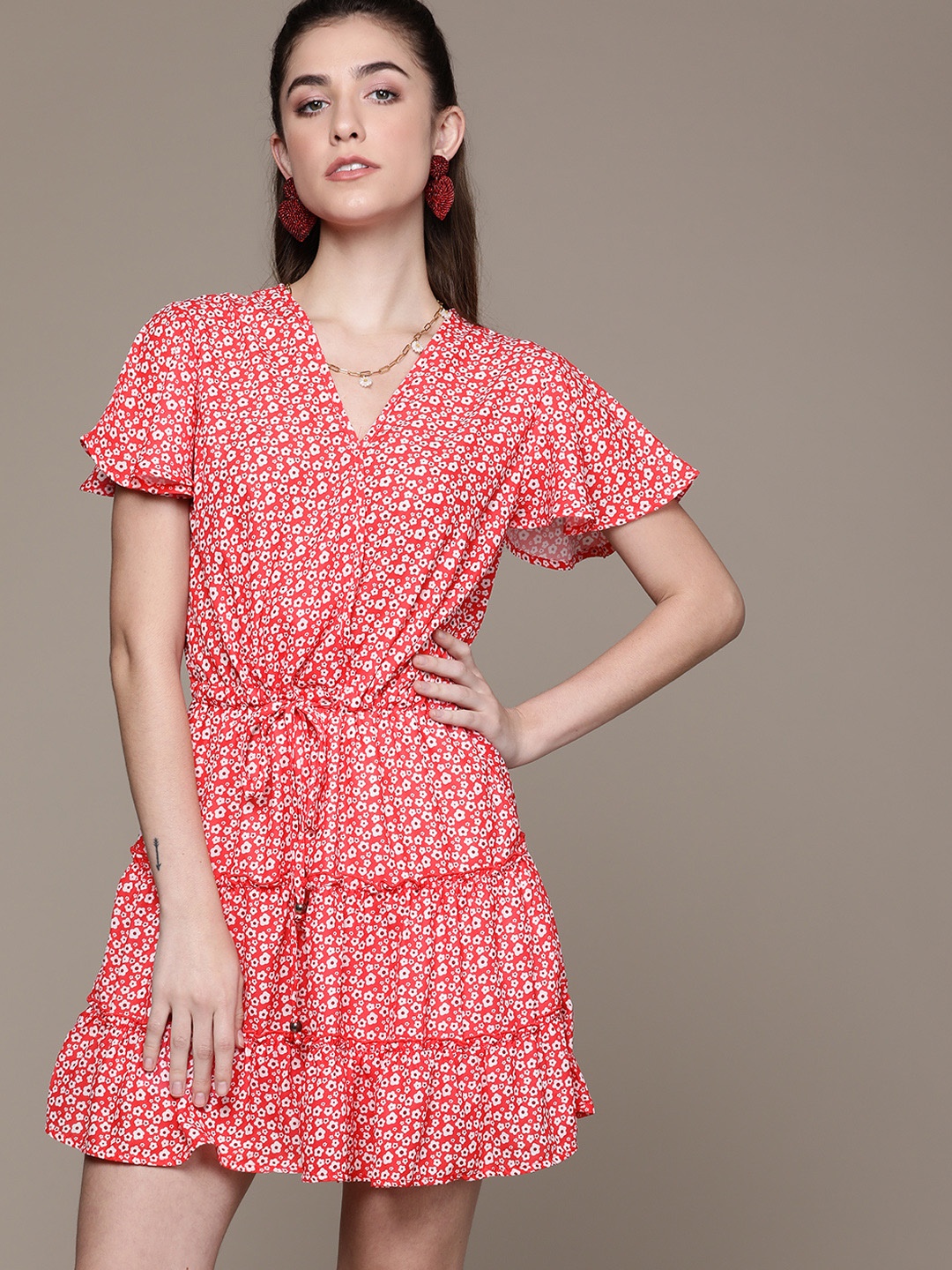 

URBANIC Red & White Floral Print Tiered Wrap Dress