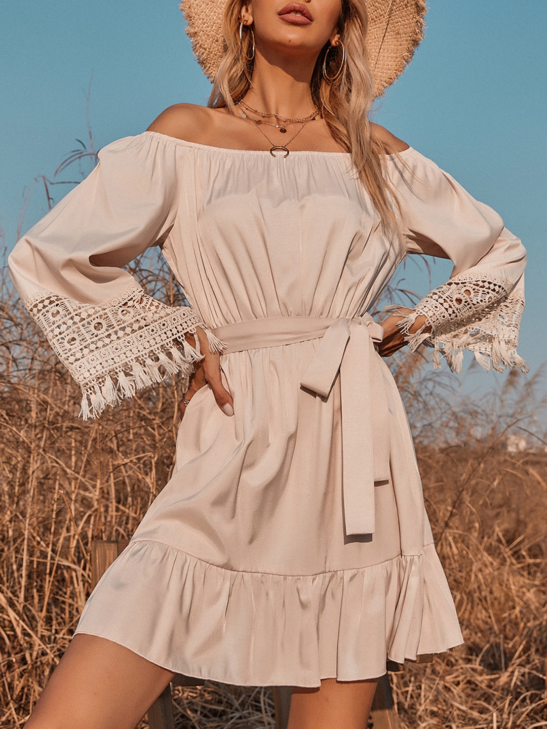 

URBANIC Pink Off-Shoulder A-Line Dress with Lace Inserts Sleeves