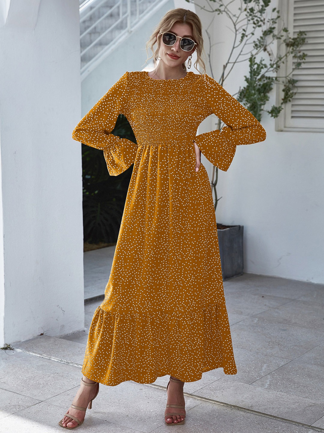 

URBANIC Mustard Yellow & White Polka Dots Print Maxi Dress