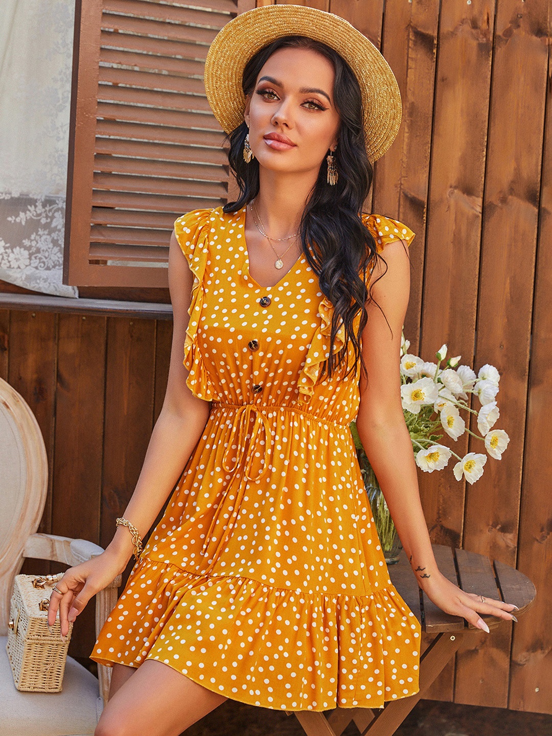 

URBANIC Mustard Yellow & White Polka Dot Dress