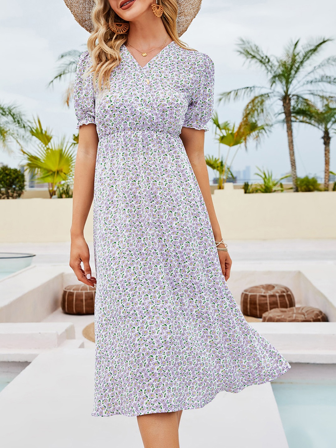 

URBANIC Lavender & Green Ditsy Floral Print Midi Wrap Dress