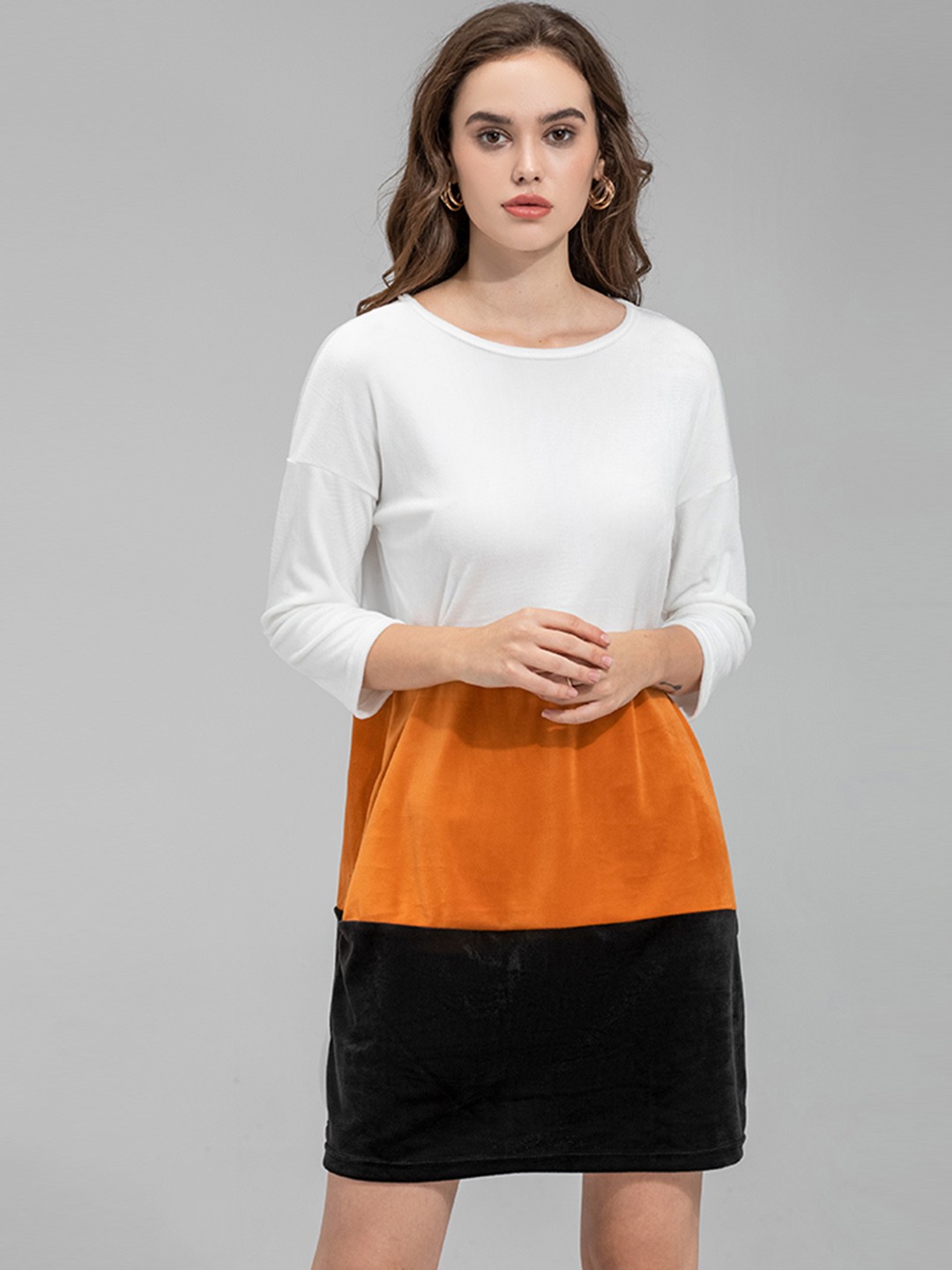 

URBANIC White & Orange Colourblocked Shift Dress