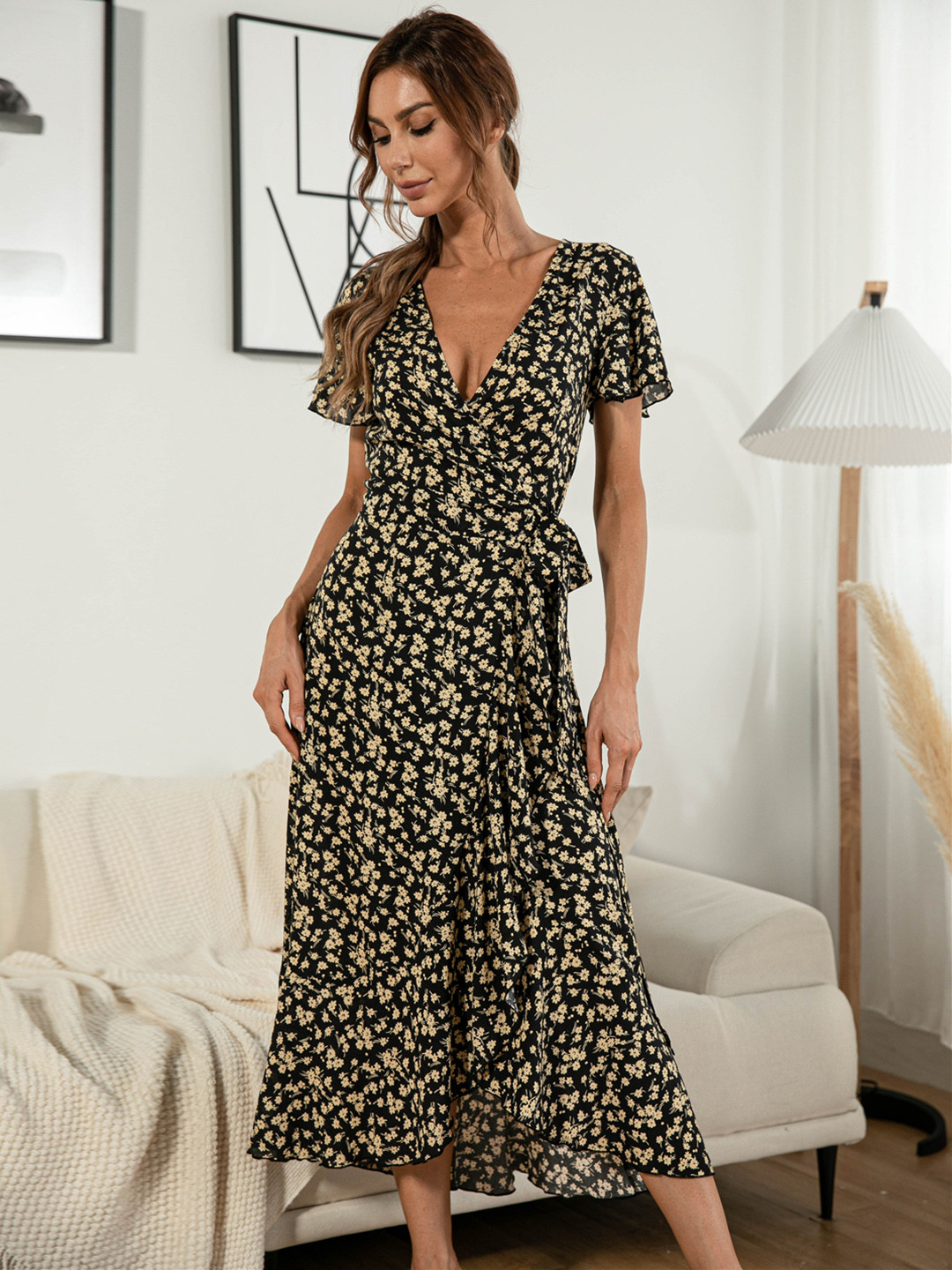 

URBANIC Black & Yellow Ditsy Floral Print Midi Wrap Dress