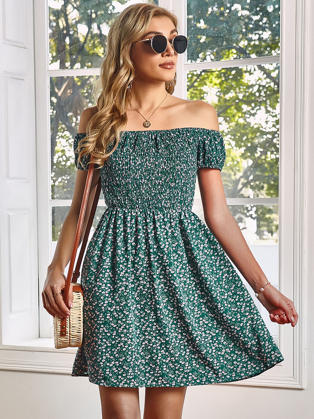

URBANIC Women Green & White Floral Smocked Off-Shoulder Fit & Flare Dress