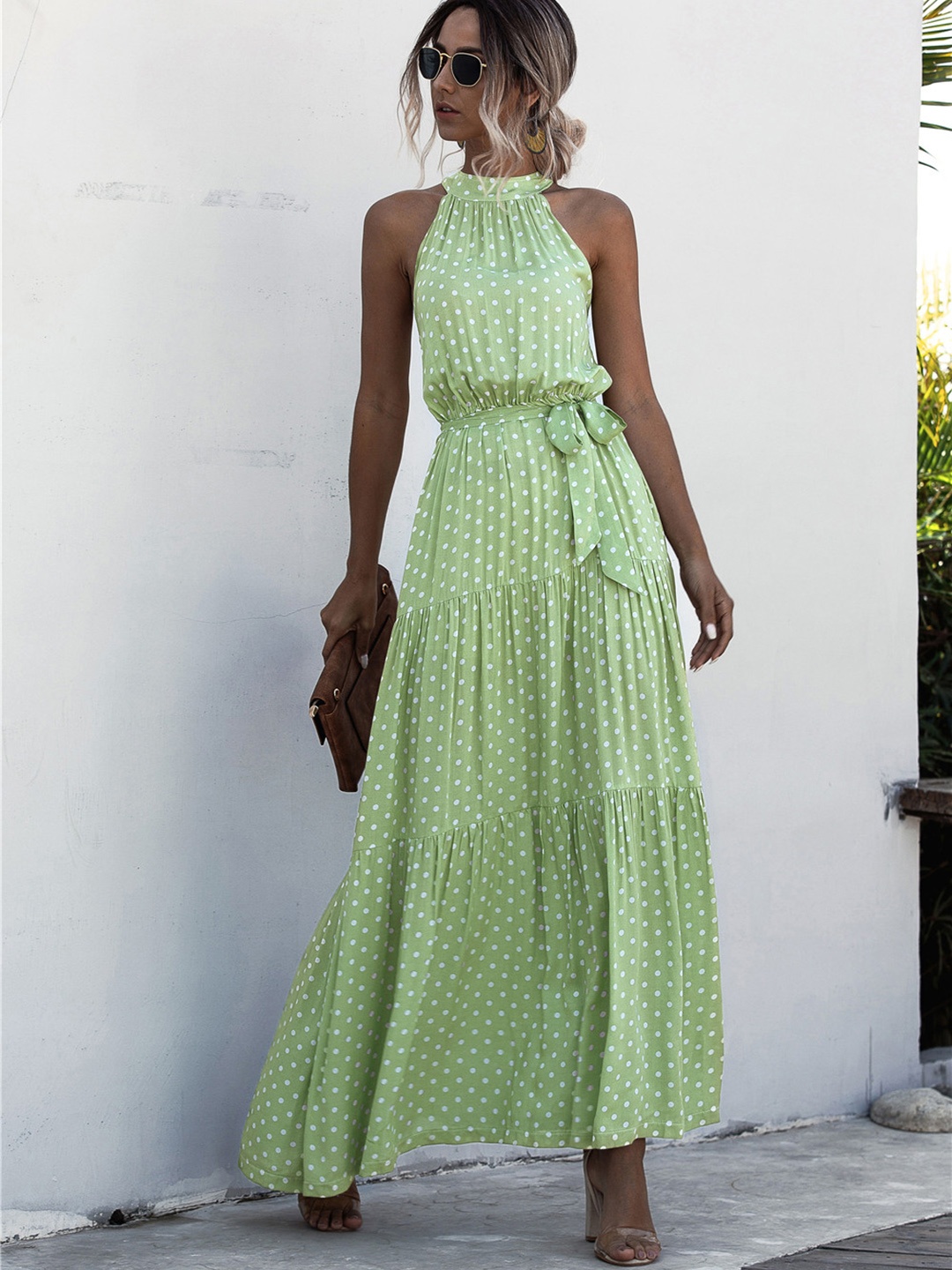 

URBANIC Green & White Polka Dots Print Tiered Maxi Dress