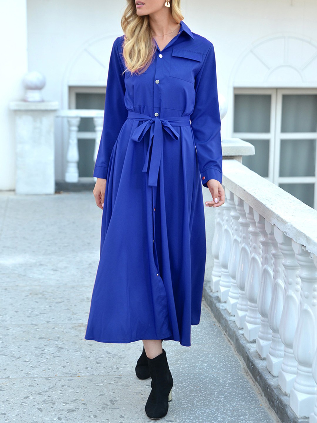 

URBANIC Blue Solid Midi Shirt Dress with Belt & Oversized Pockets