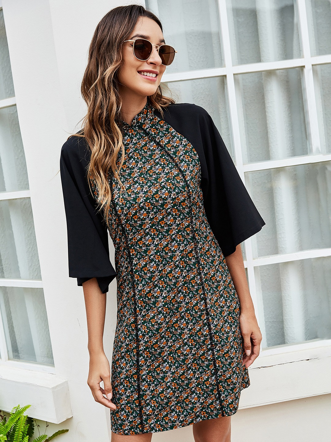 

URBANIC Green & Orange Floral Printed A-Line Dress