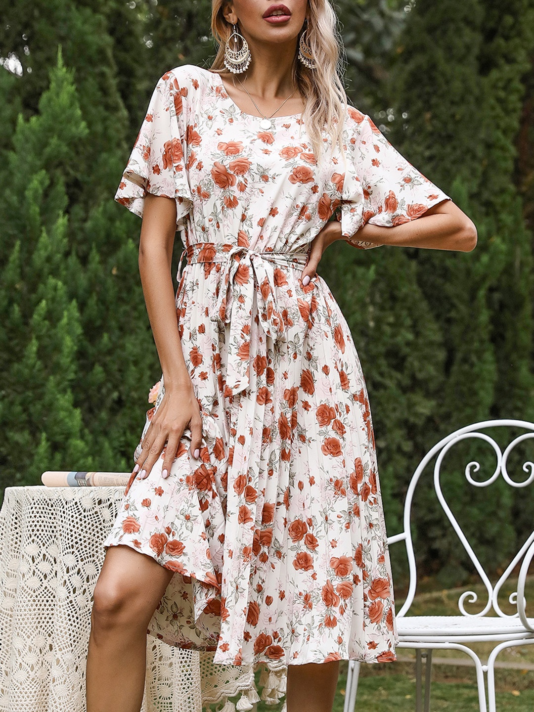 

URBANIC White & Brown Floral Print Fit & Flare Dress with Belt