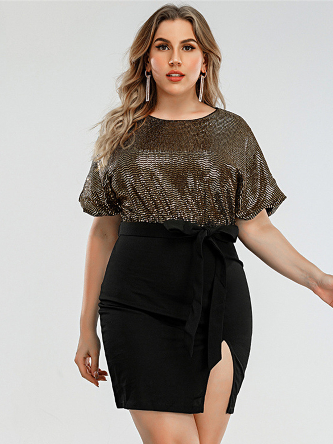 

URBANIC Women Plus Size Golden & Black Self Striped Sheen Effect Fit & Flare Dress, Gold