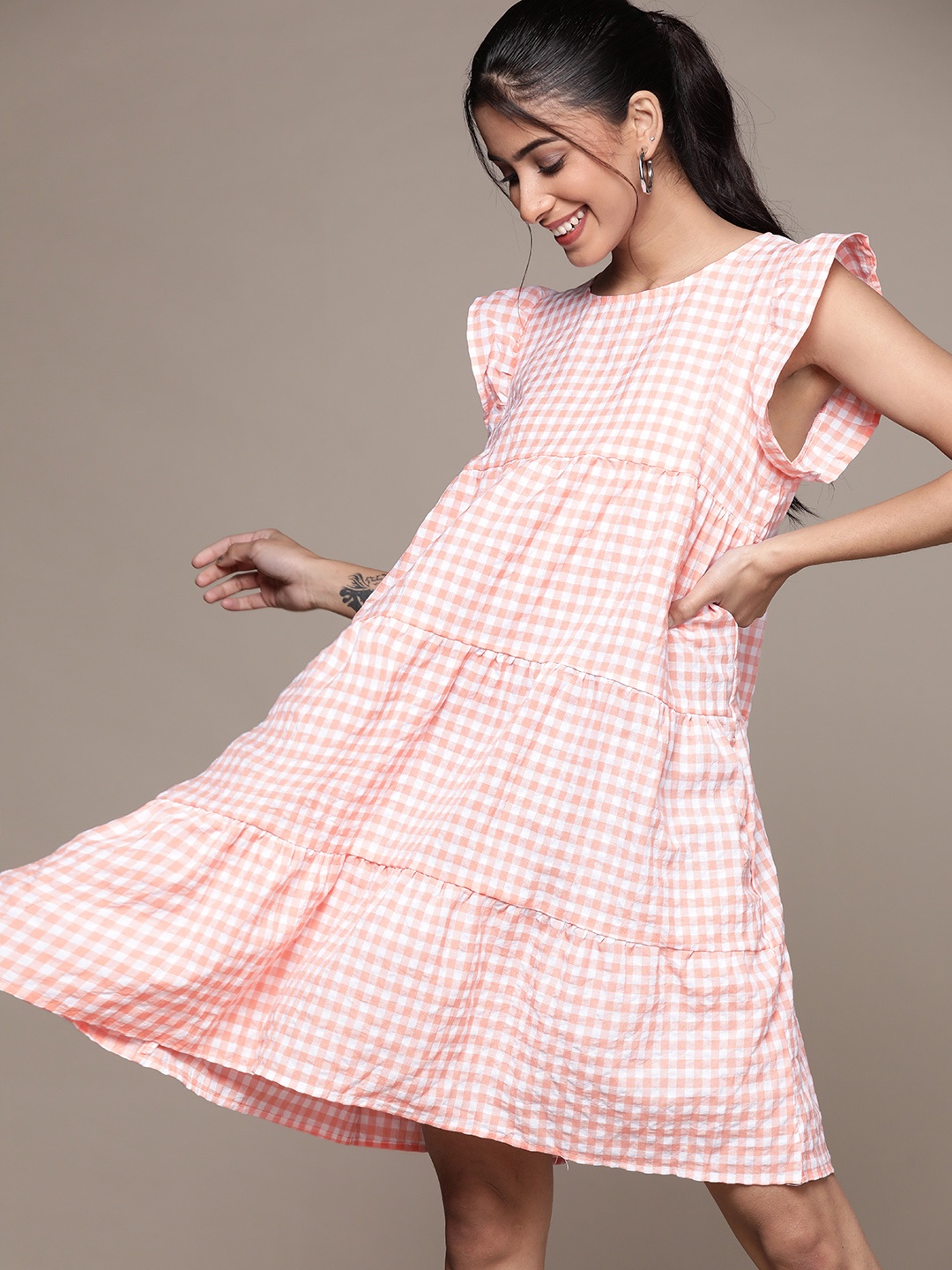 

URBANIC Women Pink & White Checked A-Line Tiered Dress