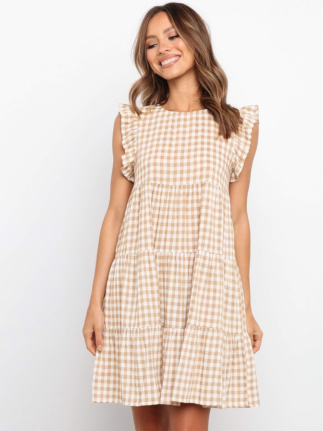 

URBANIC Beige & Off White Checked A-Line Dress