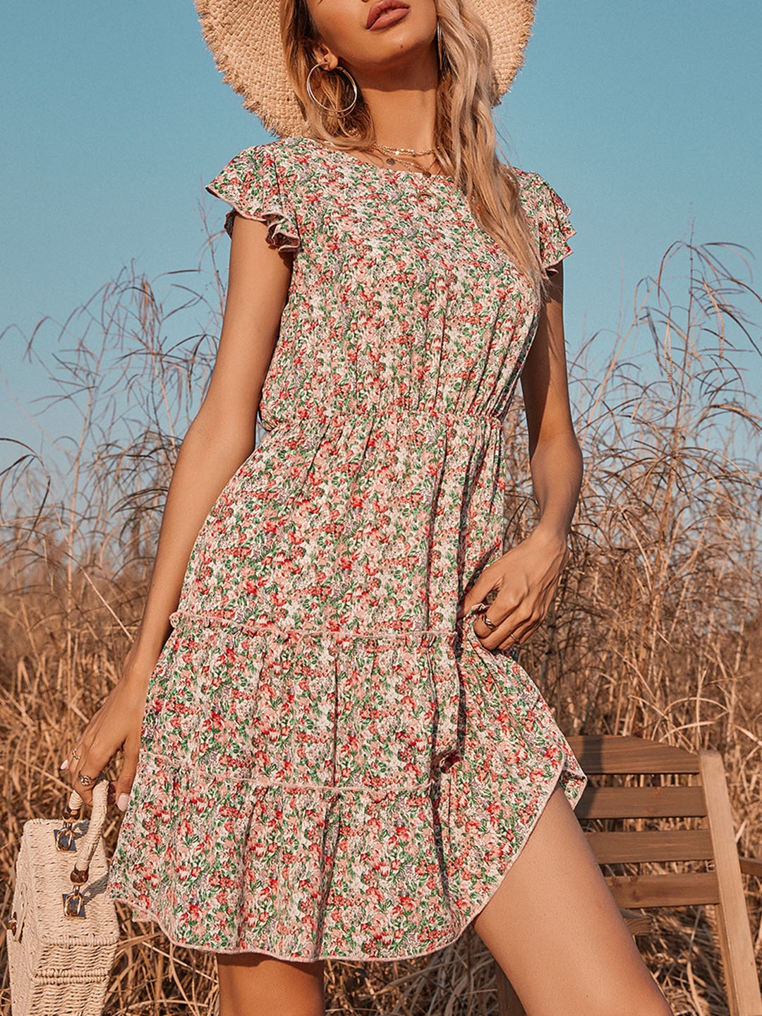 

URBANIC Pink & Green Floral Print Tiered Fit & Flare Dress