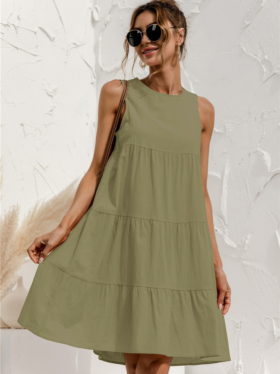 

URBANIC Olive Green Cotton Tiered A-Line Dress