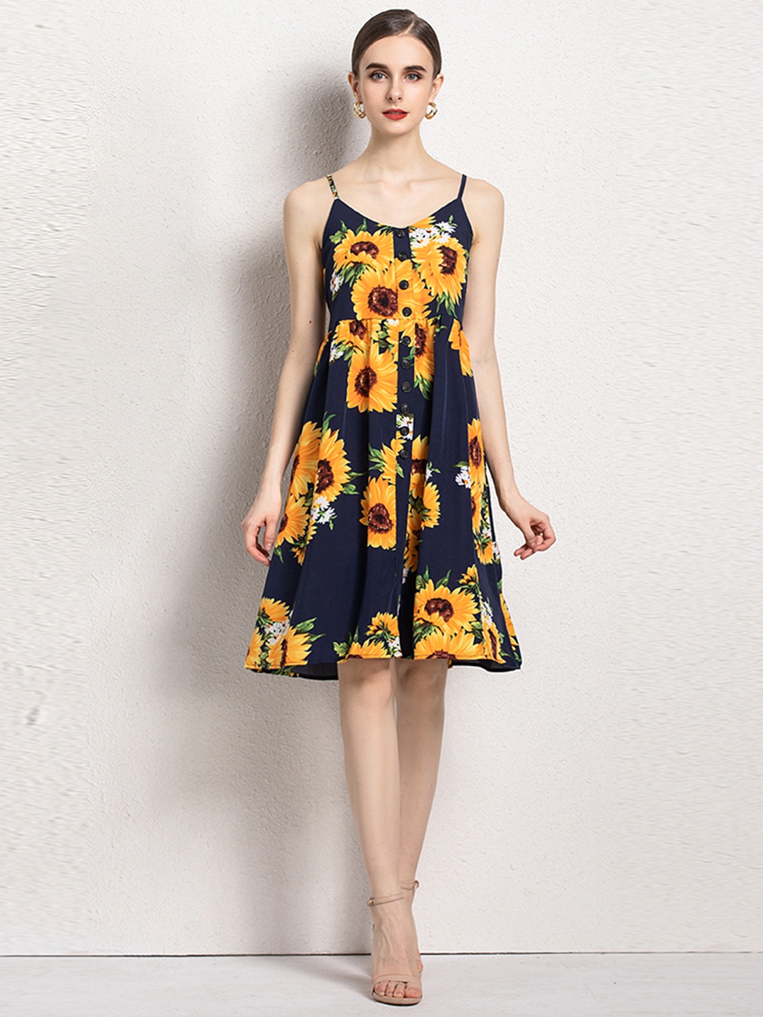 

URBANIC Navy Blue & Mustard Yellow Floral Print Relaxed Fit Mini Slip Fit & Flare Dress